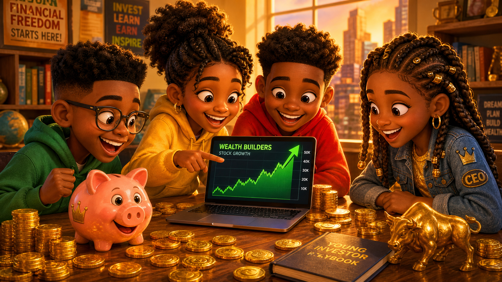 Black children learning financial literacy with coins and laptop