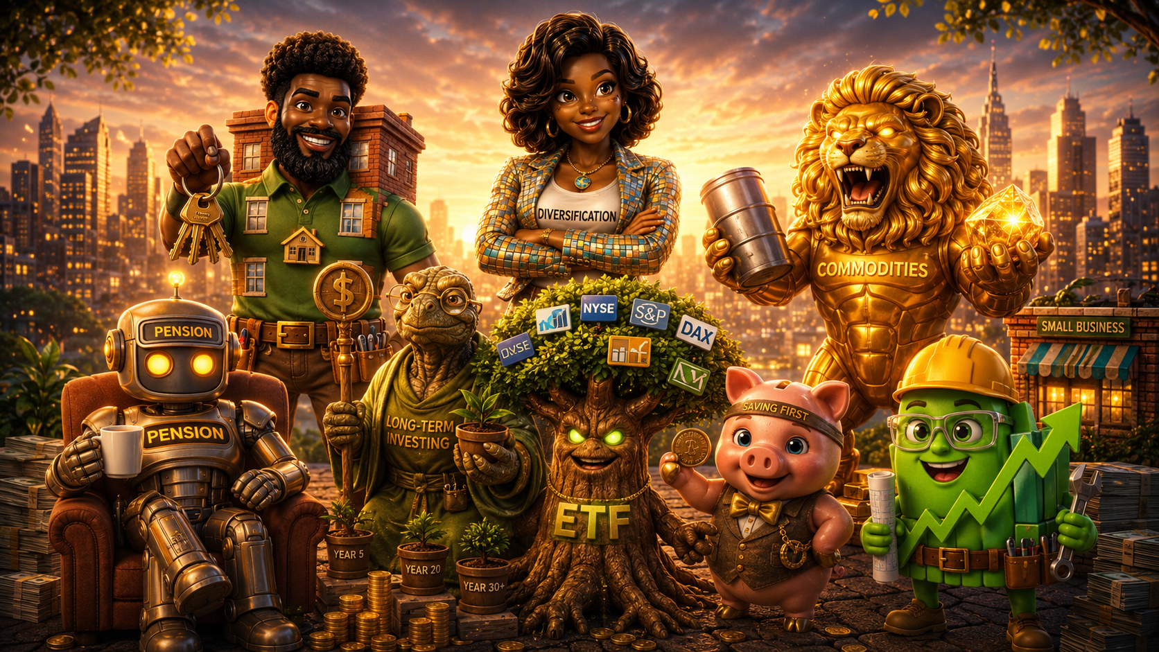 The full cast of Wealth Avengers characters including REITs, ETF, Long-Term Investing, Commodities, Savings, and Small Business heroes