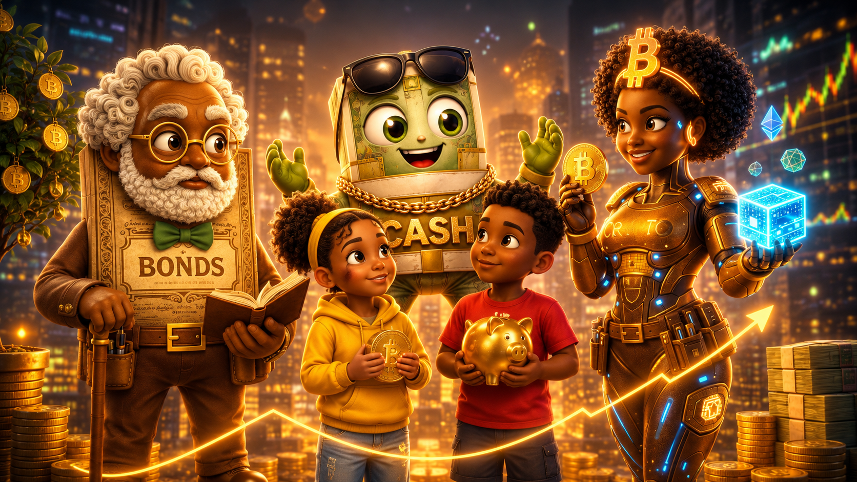 Black children learning about bonds, cash, crypto, and investing with animated Wealth Avenger characters